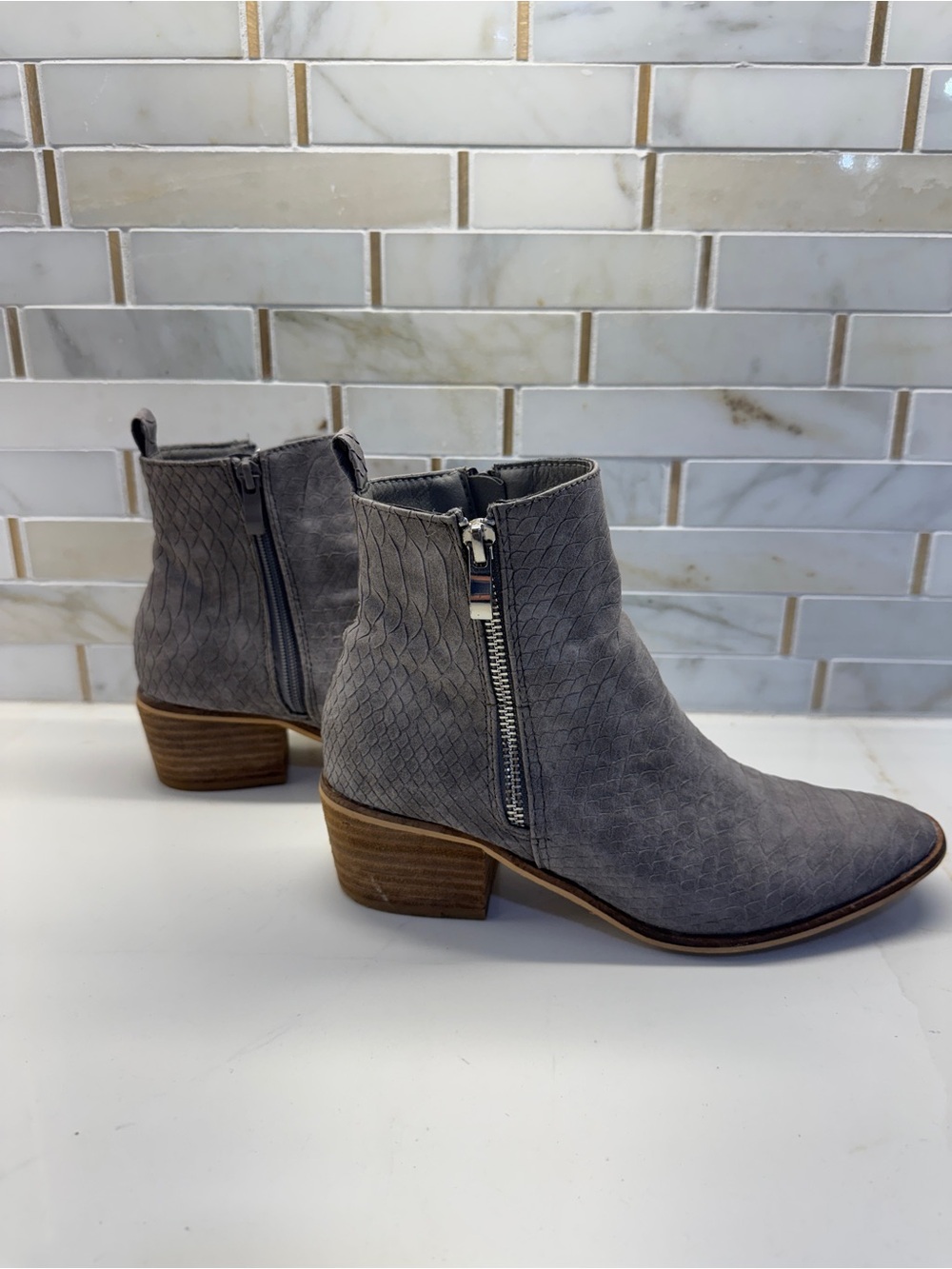 Trinity Grey Textured Suede Ankle Booties with Side Zip